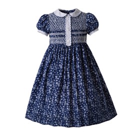Pettigirl Girls Toddler Vintage Navy Hand Embroidery Bubble Smocked Clothing Ruffle Floral Midi Smock Dresses