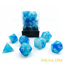 Bescon Gemini Glowing Polyhedral Dice 7pcs Set ICY ROCKS,Luminous RPG Dice Set d4 d6 d8 d10 d12 d20 d%, Brick Box Packaging