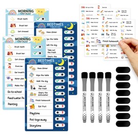 Chore Chart for Kids: Dry Erase Visual Schedule, Magnetic Bedtime/Morning Routine Chart - Toddler Chore Board, Checklist, To Do List for Kids (2 morning checklists, 2 bedtime checklists)