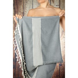 Happy Towels Hammam Towel, Bath Towel, Sauna Towel, Extra Long & Soft Woven, 210 cm x 95 cm, 60% Bamboo Viscose and 40% Cotton, Fairtrade (Grey and White, 1)