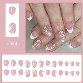Summer Flower Press on Nails Medium Oval False Nails White French Tip Acrylic Fake Nails Mirror Glue on Nails for Women Girls