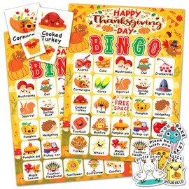 MonEnfance Thanksgiving Bingo Cards, 24 Players Cute Thanksgiving Bingo Game for Kids Adults Famliy Party Game Supplies for Classroom Shool Fall Festival