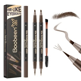 Boobeen 2pcs Waterproof Eyebrow Pen，Dual-Ended Eyeliner Microblading Eyebrow Pencil for Women，Long Lasting Hair-Like Brow Pen with Brow Brush，Dark Brown