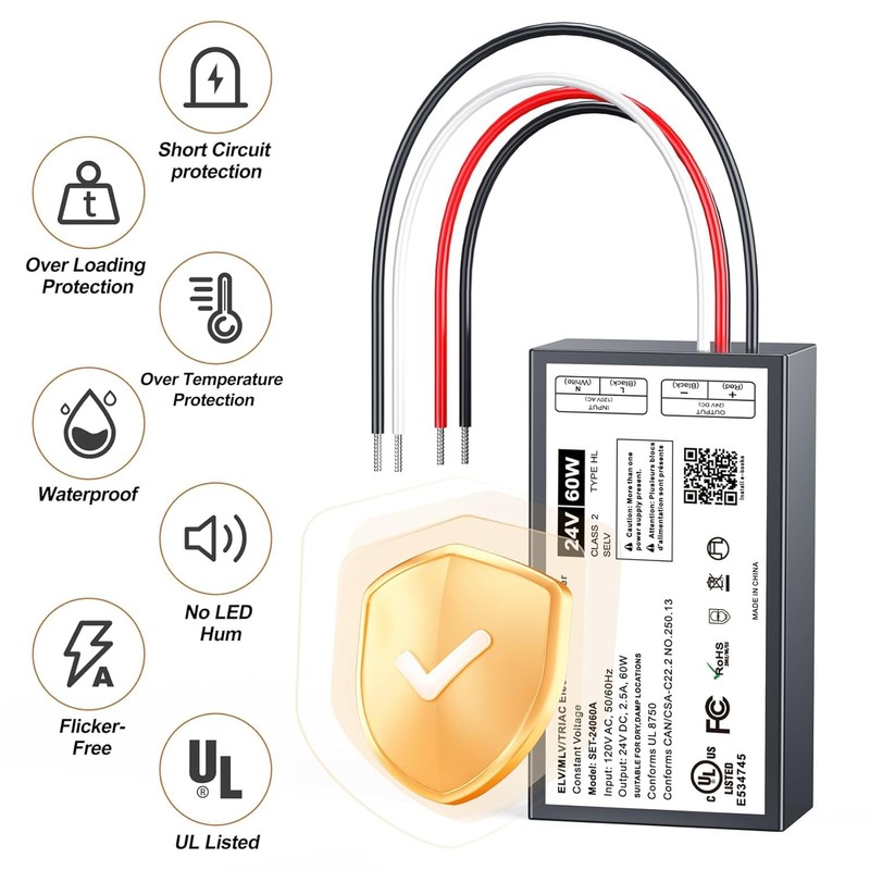 24V Dimmable LED Driver, 60W Triac ELV/MLV LED Transformer Compatible