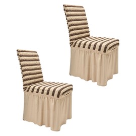 NICEEC High Stretch Chair Covers for Dining Chairs Covers Set of 2 Removable Dining Room Chair Covers with Skirt Spandex Parson Chair Slipcovers for Kitchen Wedding Party(Striped Cream&Brown)