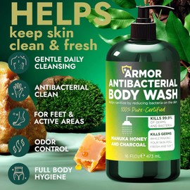 Antibacterial Body Wash | Antibacterial Soap for Men & Women | Kills 99.9% of Germs & Bacteria | Helps with Back Acne, Body Odor & Skin Irritation | Manuka Honey & Charcoal, 16 fl oz