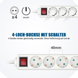 ExtraStar 4-Way Power Strip with Switch and Child Lock, 1.5 m 3G 1.5 mm2 Cable, 16 A, 3680 W, Multiple Plug for Home, Office and so on, White