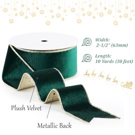 LIZLOVESS Hunter Green Velvet Wired Ribbon with Glitter Back 2.5 Inch Dark Green and Gold Christmas Wired Ribbon for Christmas Tree, Gift Wrapping, Crafts, Wreaths Supplies, Topper Bows (10 Yards)