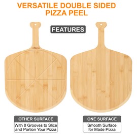 RICOJYCX 12 inch Natural Bamboo Pizza Peel, Double-Sided Use Pizza Cutting Board with 8 Slice Grooves for Pizza, Bread, Cheese, Vegetable, Fruits