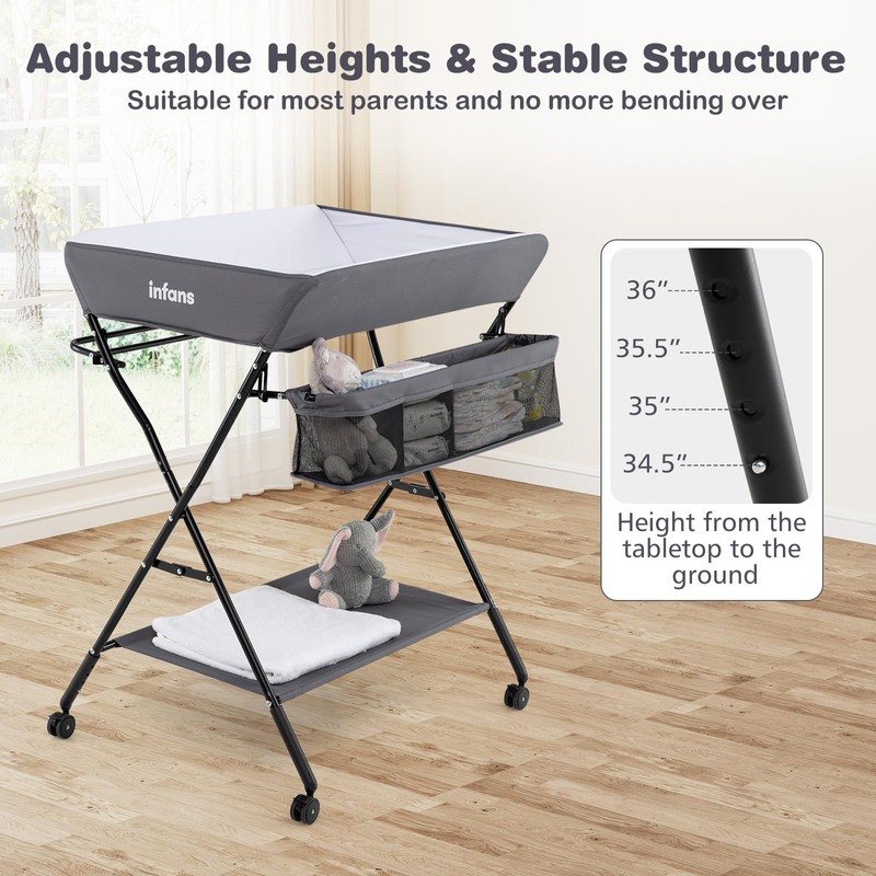 INFANS Baby Changing Table with Wheels, Portable Folding Diaper Station