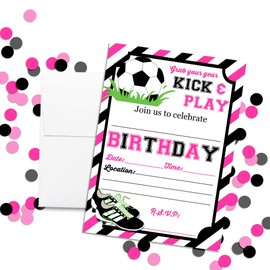 Pink & Black Kick and Play Soccer Themed Birthday Party Invitations for Girls, 20 5"x7" Fill In Cards with Twenty White Envelopes by AmandaCreation