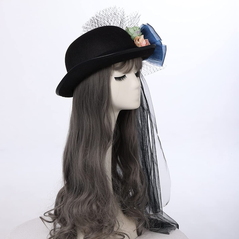 COSDREAMER Women Victorian Dome Hat Long Lace Rose Flower Black