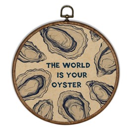 XBBMGG Vintage Oyster Wall Art Decor, Inspirational Retro Beach Round Wall Hanging Decor, Nautical Ocean The World is Your Oyster Framed Canvas Prints for Living Room Bathroom Decorations, 10x10inch