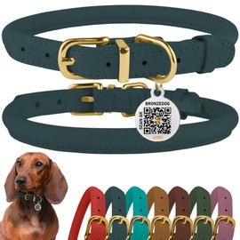 BRONZEDOG Rolled Leather Dog Collar with QR ID Tag Adjustable Soft Round Collars for Small Medium Large Dogs Puppy Cat (14" - 16" Neck Size, Denim)