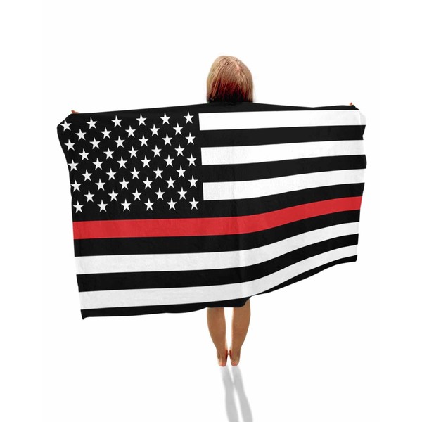 Beach Towel 35”x70” Oversized, Thin Red Line Flags American Firefighter