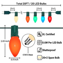 PASUTO C7 LED Multicolor Christmas Lights 20Ft Outdoor String Lights with 22 Multicolor LED Ceramic Bulbs, Hanging Vintage Christmas Lights for Christmas Party Indoor Outdoor Decorations, Green Wire