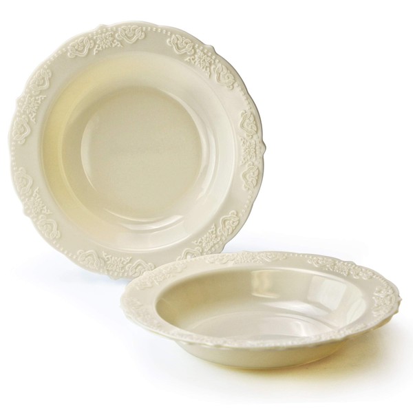 " OCCASIONS" 40 Pieces Plates Pack, Vintage Party, Disposable Wedding Party Plastic Bowls (10 oz Soup Bowl, Portofino in Ivory)