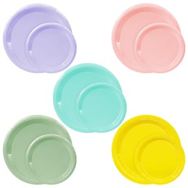 LIKAJON 100 Pcs Pink Blue Purple Yellow Sage Green Paper Plates, 25 Pcs 9 Inch and 25 Pcs 7 Inch Plates for Valentines,Tea Party, Baby Shower, Birthday, Wedding, Graduation, Picnic, BBQ, Party