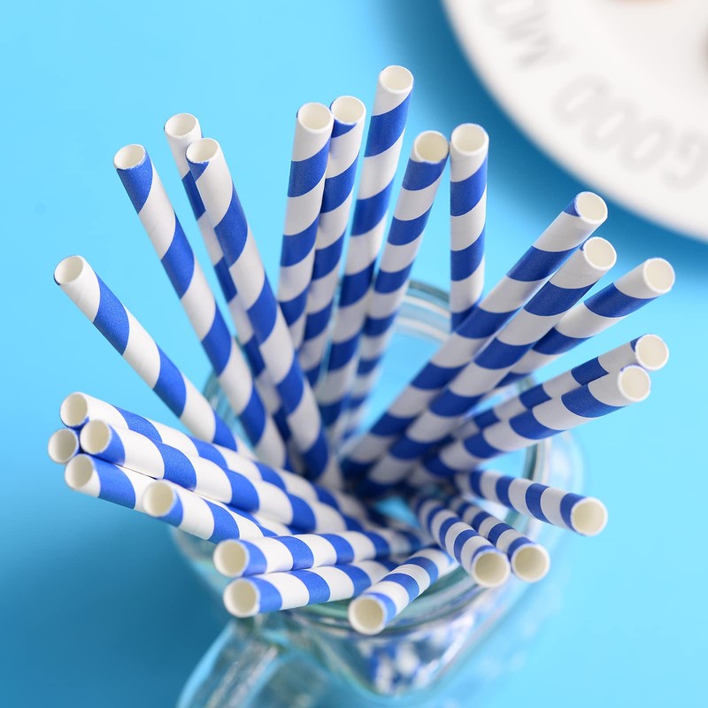 YAOSHENG Paper Straws for drinking, 100 Pack Blue Striped paper