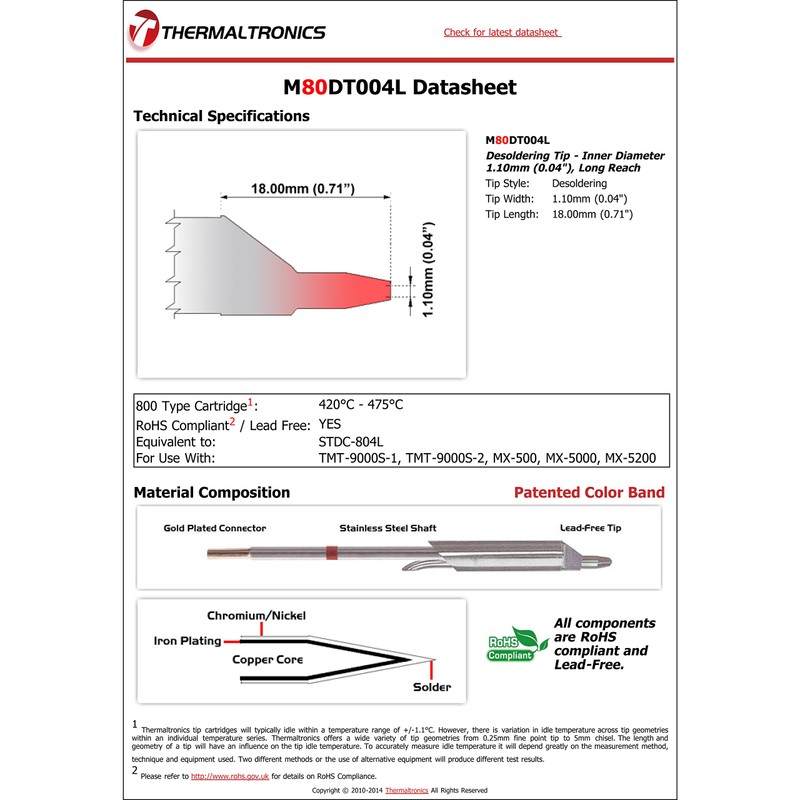 Thermaltronics M80DT004L Desoldering Tip - Inner Diameter 1.10mm (0.04"), Long