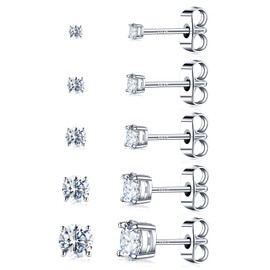 Kosuwo Moissanite Stud Earrings Set, 925 Sterling Silver, 18K White Gold Plated, Hypoallergenic, 5 Pairs, for Women and Men (18K White Gold)