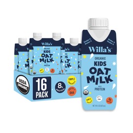Willa's Organic Kid's Oat Milk with 8g Protein & 240g Calcium, Plant-Based Milk for Kids, Dairy-Free, Low Sugar, 2g Fiber – 8.25 oz, 16 Pack