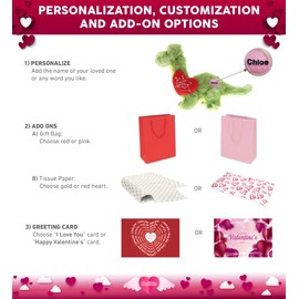 DolliBu I Love You Valentine Green Dinosaur Plush - Cute Dinosaur Stuffed Animal with Red Heart and Name Personalization Gift for Valentines Day, Birthday, Anniversary, Romantic Date - 10 Inches