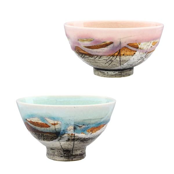 Mino Ware Rice Bowl, Approx. 4.7 inches (12 cm), Pair Set, Hideki Hayashi, Line Engraved, Blue, Peach, Made in Japan