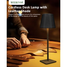 WERFOP 1 Pack Rechargeable Table Lamp, 5000mAh Battery Operated Cordless Desk Lamp for Outdoor, Portable Light with Black Leather Shade for Indoor Home Dining, Restaurant, Party, Camping
