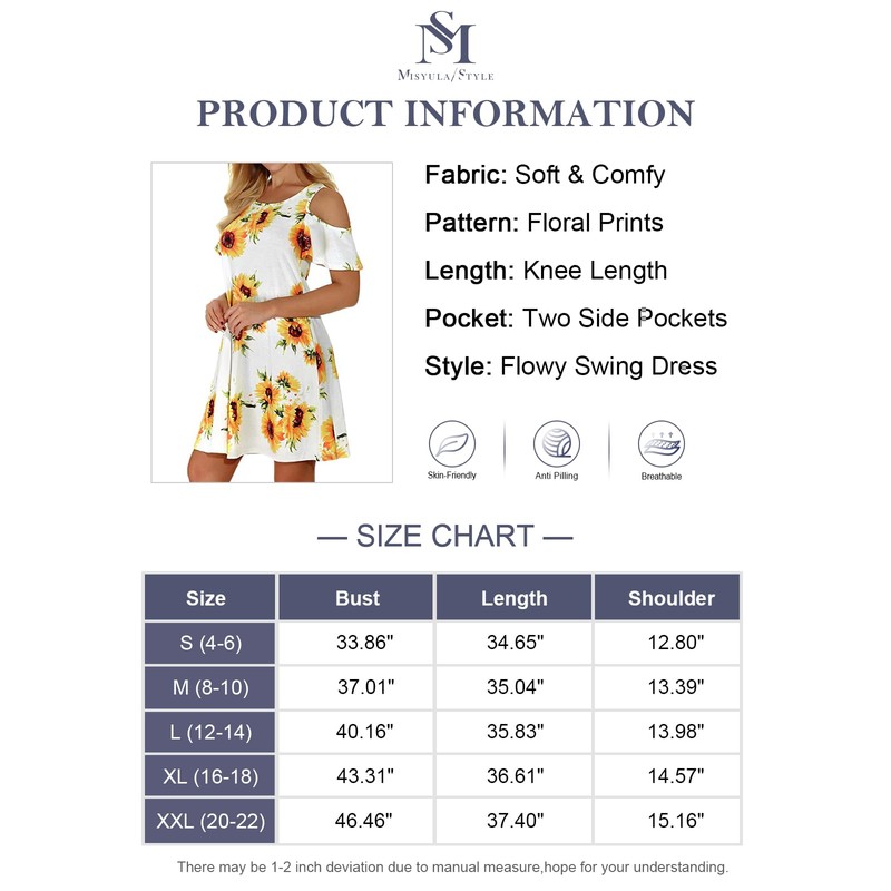 Misyula Dresses for Women Casual Summer,Cold Shoulder Floral Knee Length