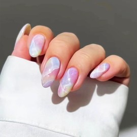 24Pcs Rainbow Gradient Press on Nails for Manicure Art with Marble Design, Glossy Rainbow Ombre Acrylic Medium Oval False Nails Gel Glue on Nails Curve Full Cover Fake Nails Stick on Nails for Women