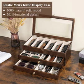 Yoimori Knife Display Case for15-22 Knives, 3-Layer Pocket Knife Case with Glass Lid & Drawer, Wood Knife Cases for Collections for Men Gift Ideas (Walnut)