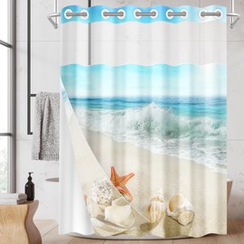 Nesphy No Hook Beach Summer Starfish Shower Curtain with Snap in Fabric Liner Set, Waterproof with See Through Mesh Top Window, Seashell Sea Shell Summer Bath Curtain 71x74 Inch