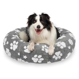 Yaning Donut Dog Beds for Medium Dogs, Calming Round Cat Beds for Indoor Cats, Cute 3D Textured Paw Pet Bed with Removable Washable Cover and Anti-Slip Bottom（Grey，30"）