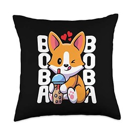 Adorable Corgi Doggy Furry Mammals Pedigree Canine Kawaii Boba Dog Corgi Drink Cute Anime Bubble Tea Heart Throw Pillow, 18x18, Multicolor