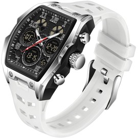 findtime Square Watch Men's Watches Sports Digital Analogue Tactical Watch Military Digital Watch Men Multi-Time Zone Rectangular Watch Men's Military Stopwatch Boys Alarm Clock 5ATM Waterproof, White