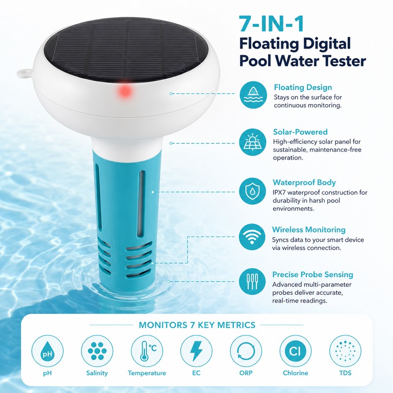 7-in-1 Digital Pool Water Tester for Smart Monitoring – Wireless