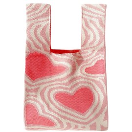 BEAMARKER Heart Print Women's Wrist Knotted Tote Bags Pink Cartoon Small Crochet Wristlet Handbags Polyester Mini Knitted Gift Bags Daily Shopping Handbag Aesthetic Cute Knit Purse for Women