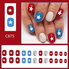 Independence Day Press on Nails Short Square Fake Nails with Designs Star False Nails Silver Glitter Glossy Full Cover Acrylic Nails Red Blue Glue on Nails 4th of July Stick on Nails for Women 24Pcs