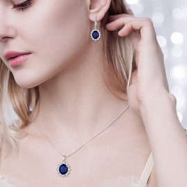 EVER FAITH Women's 925 Sterling Silver CZ Elegant Flower Prong Setting Pendant Necklace Earrings Set Blue