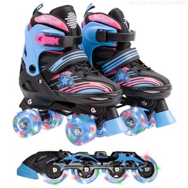 Xino Sports 2 in 1 Adjustable Combo Skates - Illuminating LED Light-Up Wheels, Interchangeable Skates, Perfect for Boys and Girls, for Indoor and Outdoor Use, Fun and Durable (Blue, Large 5-8)