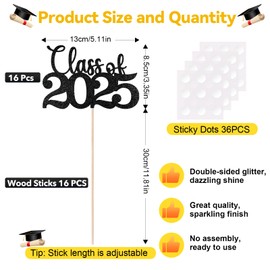 Cyunda Graduation Decorations 2025, 16 PCS Class of 2025 Black Glitter Double-Sided Table Centerpieces with Sticks, Grad Party Supplies, Glitter Table Toppers