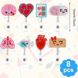 Wanmu 8Pcs Nurse Badge Reels Felt, Retractable Themed Badge Holders, Brain Heart Lung ID Badge Reel, Cute Felt Badge Holder with Alligator Clip and Retractable Cord for School Hospital Nurses Teacher