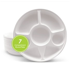 three leaf 7 COMPARTMENT BAGASSE ROUND PLATE, 100 Ct. Heavy-Duty- Super Strong- Natural- Eco-Friendly Disposable Bagasse Plates, 100% Biodegradable 7 compartment plates