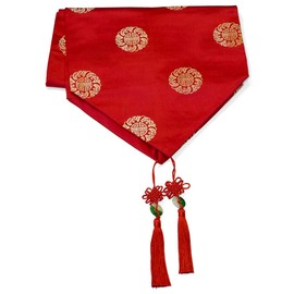 China Furniture Online 95 Inch Red Silk Chinese Longevity Table Runner with Lucky Tassels