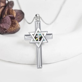 YFN Jewish Star of David Necklace Sterling Silver Cross Star of David Pendant Necklace Abalone Shell Judeo Christian Religious Jewelry for Women Men