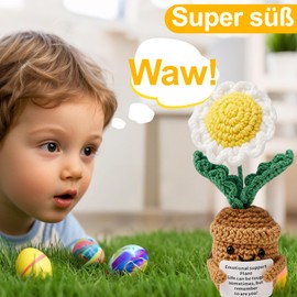 MLZTINGR Handgemachte gehäkelte Blumen Pflanze im Blumentopf – Strick-Gänseblümchen & Sonnenblumen Kunstpflanze als Geschenk für Frauen, Familie, Freunde – Abschiedsgeschenk, Deko für Büro und Auto