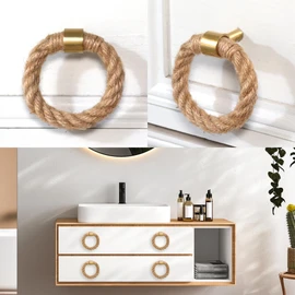 QNNEFF 6PCS Nautical Twisted Jute Rope Drawer Pulls Brushed Brass Dresser Knobs Rustic Hemp Rope Drawer Pulls Antique Handles Cabinet Hardware Cupboard Wardrobe Door Furniture Knobs