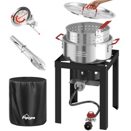 10QT Fish Fryer Pot with Lid | 9inch Fryer Tong | 8QT Basket | 6inch Thermometer | 50,000 BTU Propane Burner | Outdoor Deep Fryer | Ideal for Frying Fish | French Fries | Chicken Wings