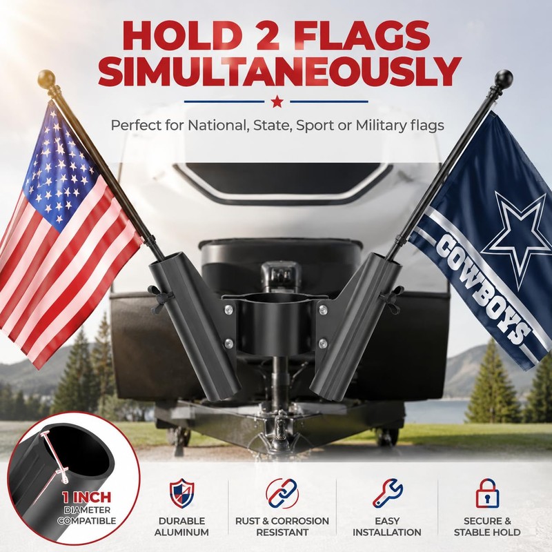 RV Dual Flag Pole Mount for 2" and 2¼" Tongue